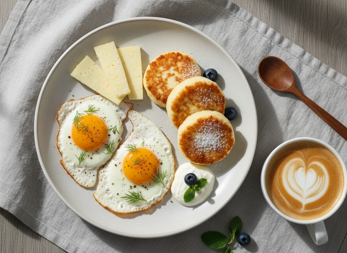 Завтрак с яичницей, сырниками и кофе photo