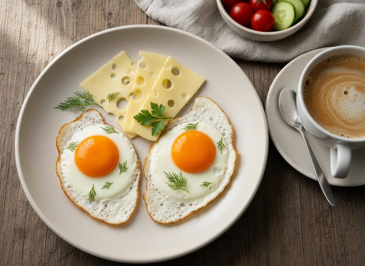 Завтрак с яичницей, сыром и кофе photo