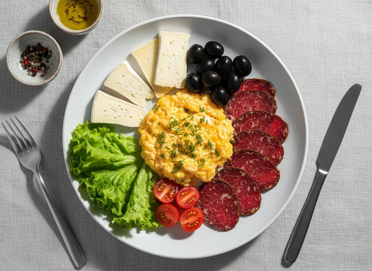 Завтрак с яичницей, сыром и мясными деликатесами photo