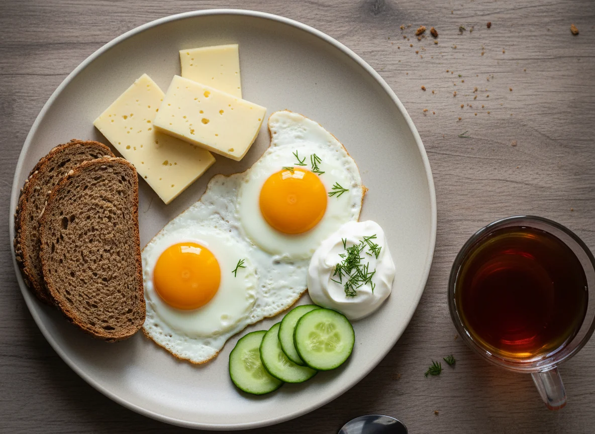Завтрак с яичницей, сыром и овощами photo