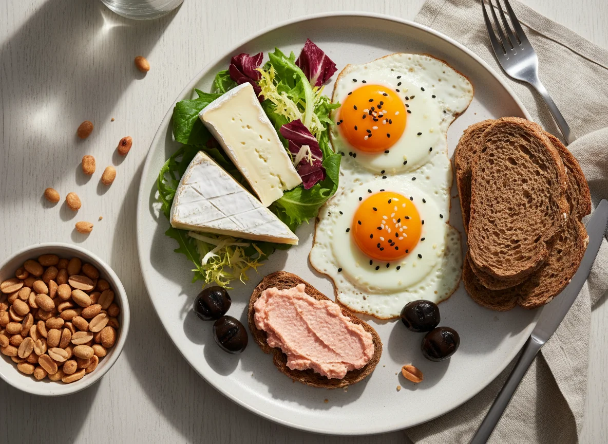 Завтрак с яичницей, сыром и закусками photo