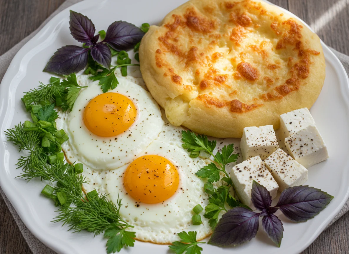 Завтрак с яичницей, сыром и зеленью photo