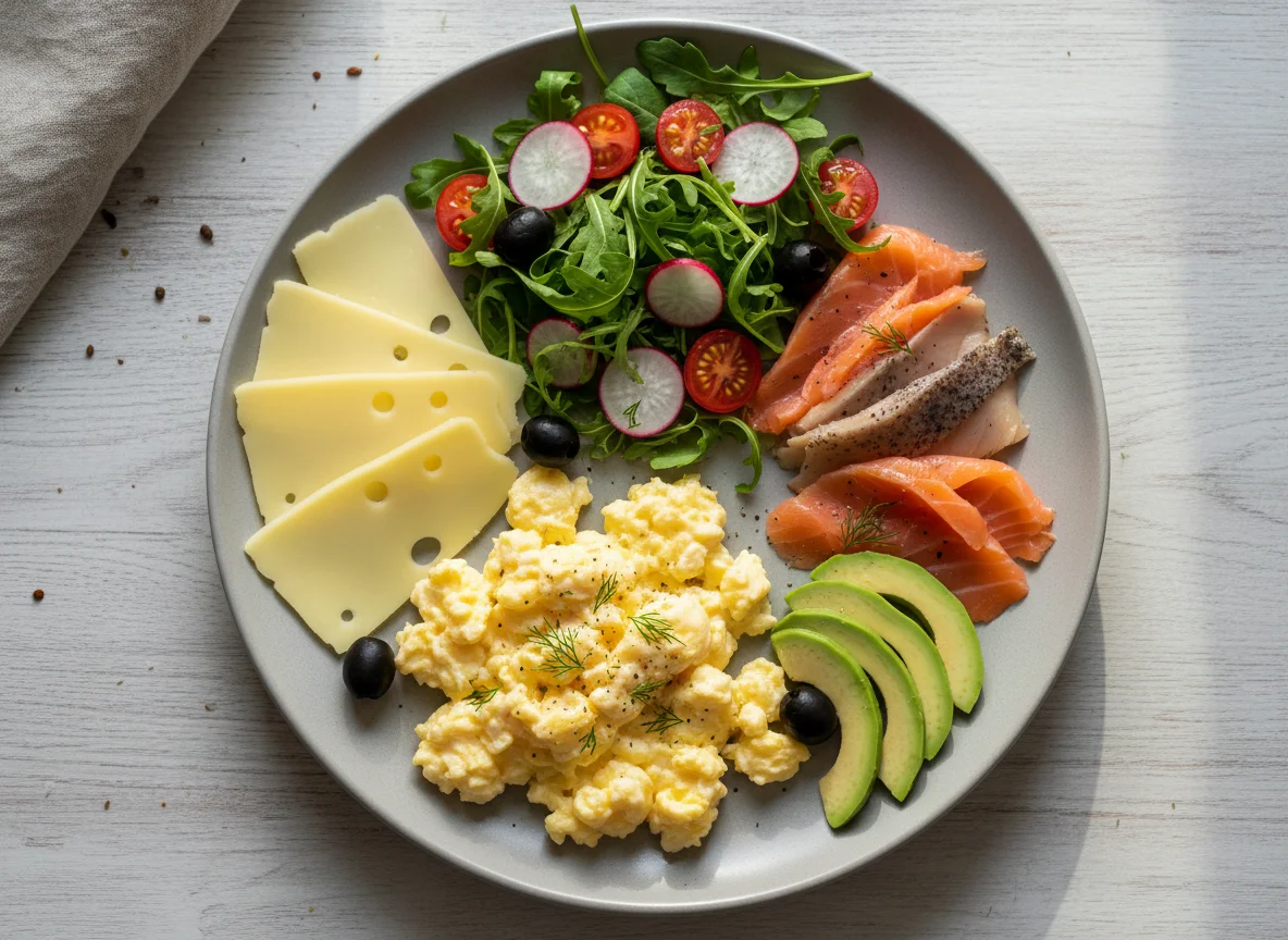 Завтрак с яичницей, сыром, рыбой и салатом photo