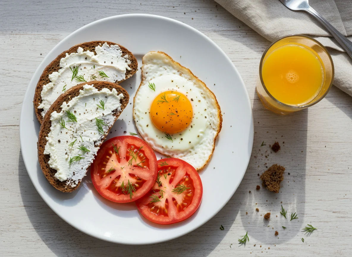 Завтрак с яичницей, томатами и хлебом photo