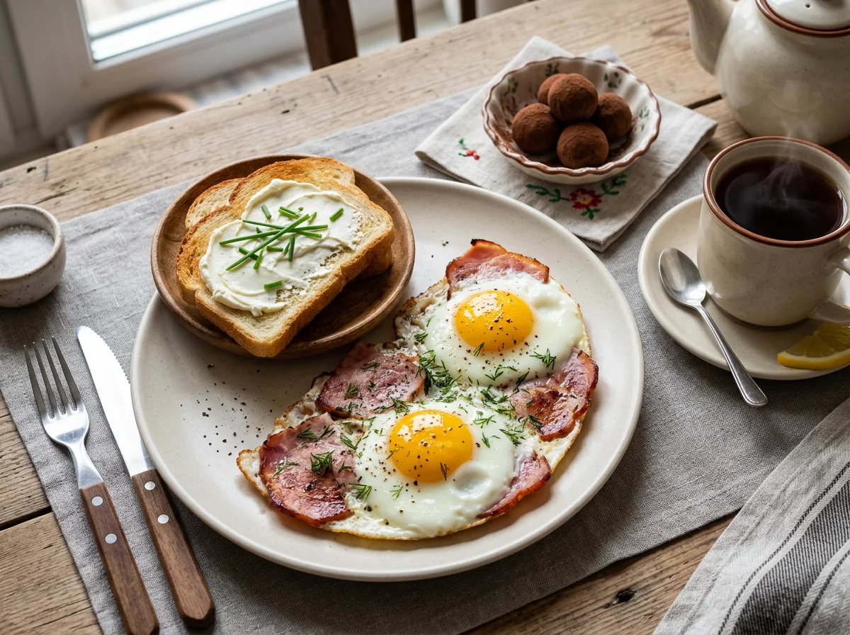 Завтрак с яичницей, тостами и конфетами photo