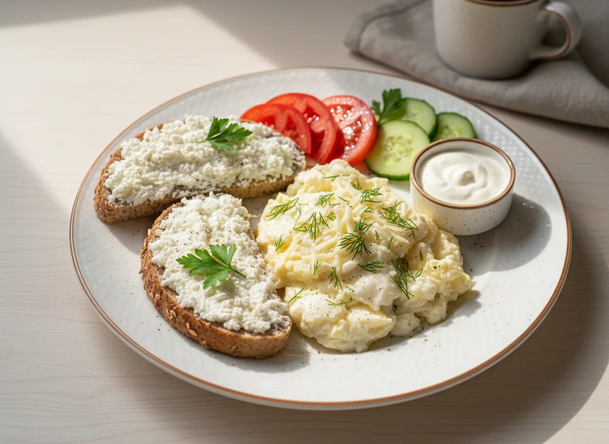 Завтрак с яичницей, тостами и овощами photo