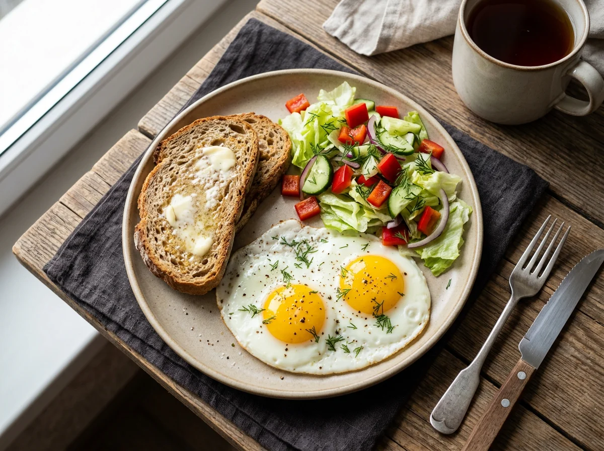 Завтрак с яичницей, тостами и салатом photo