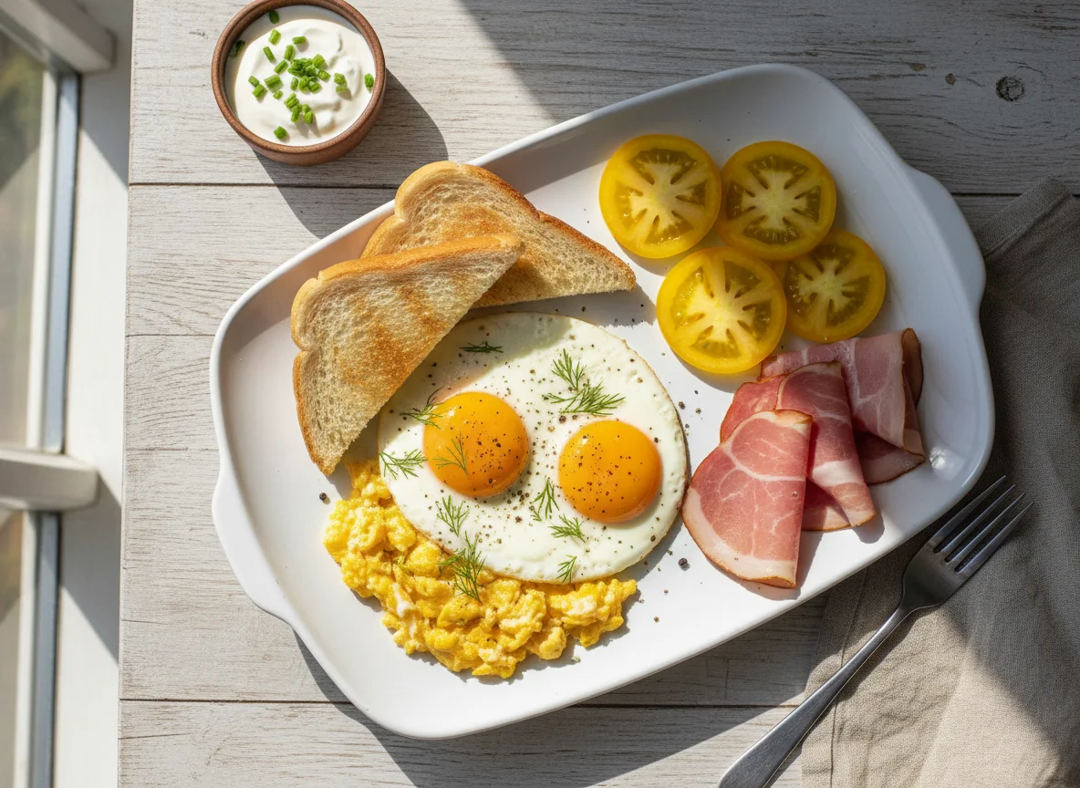 Завтрак с яичницей, тостами, помидорами и ветчиной photo