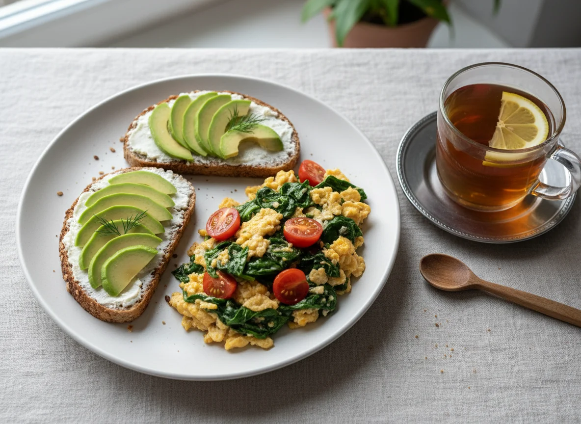 Завтрак с яичницей, тостами с авокадо и чаем photo