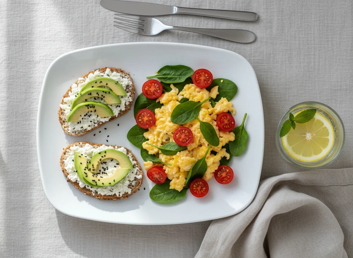 Завтрак с яичницей, тостами с авокадо и лимонной водой photo