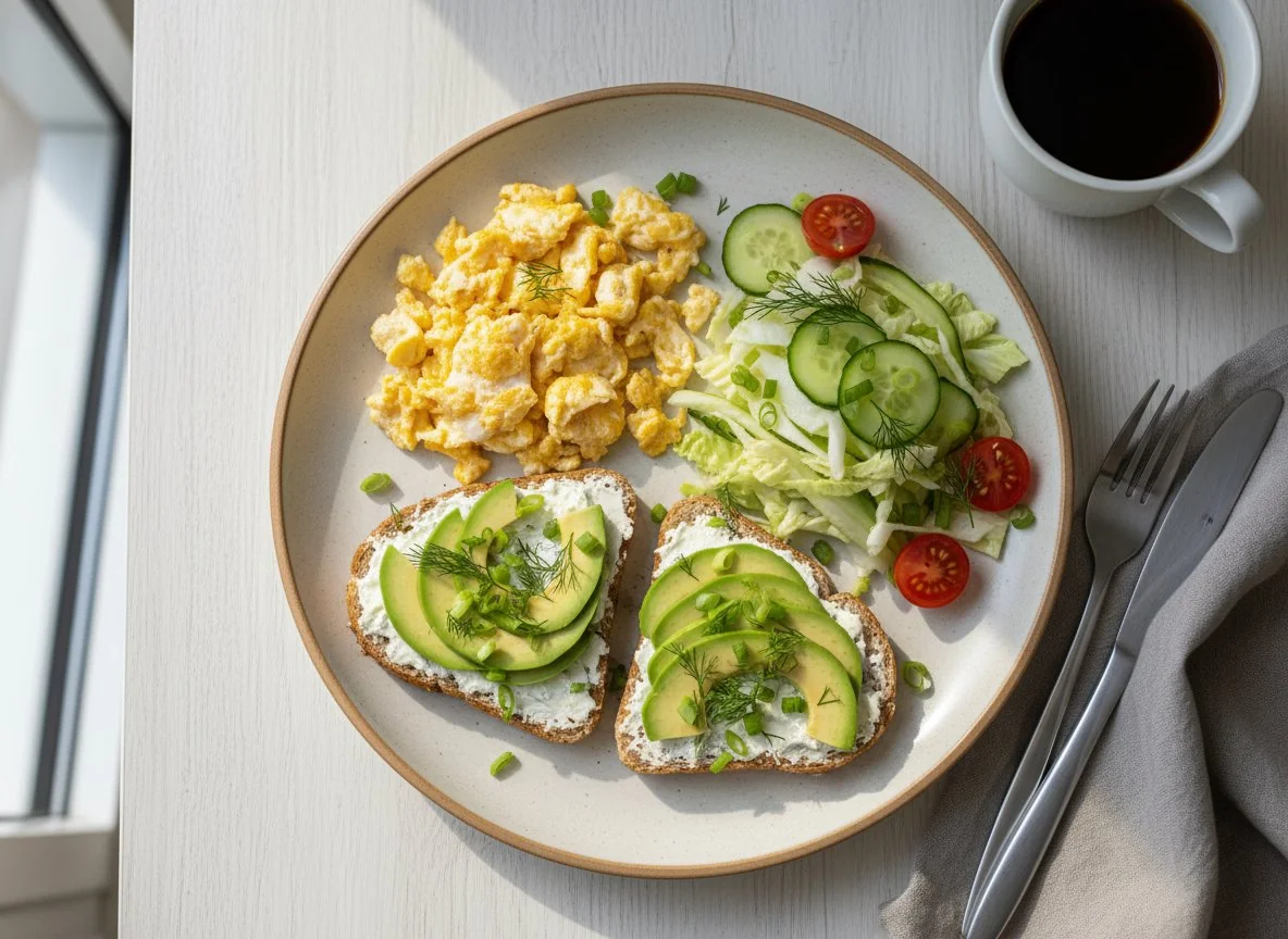 Завтрак с яичницей, тостами с авокадо и салатом photo