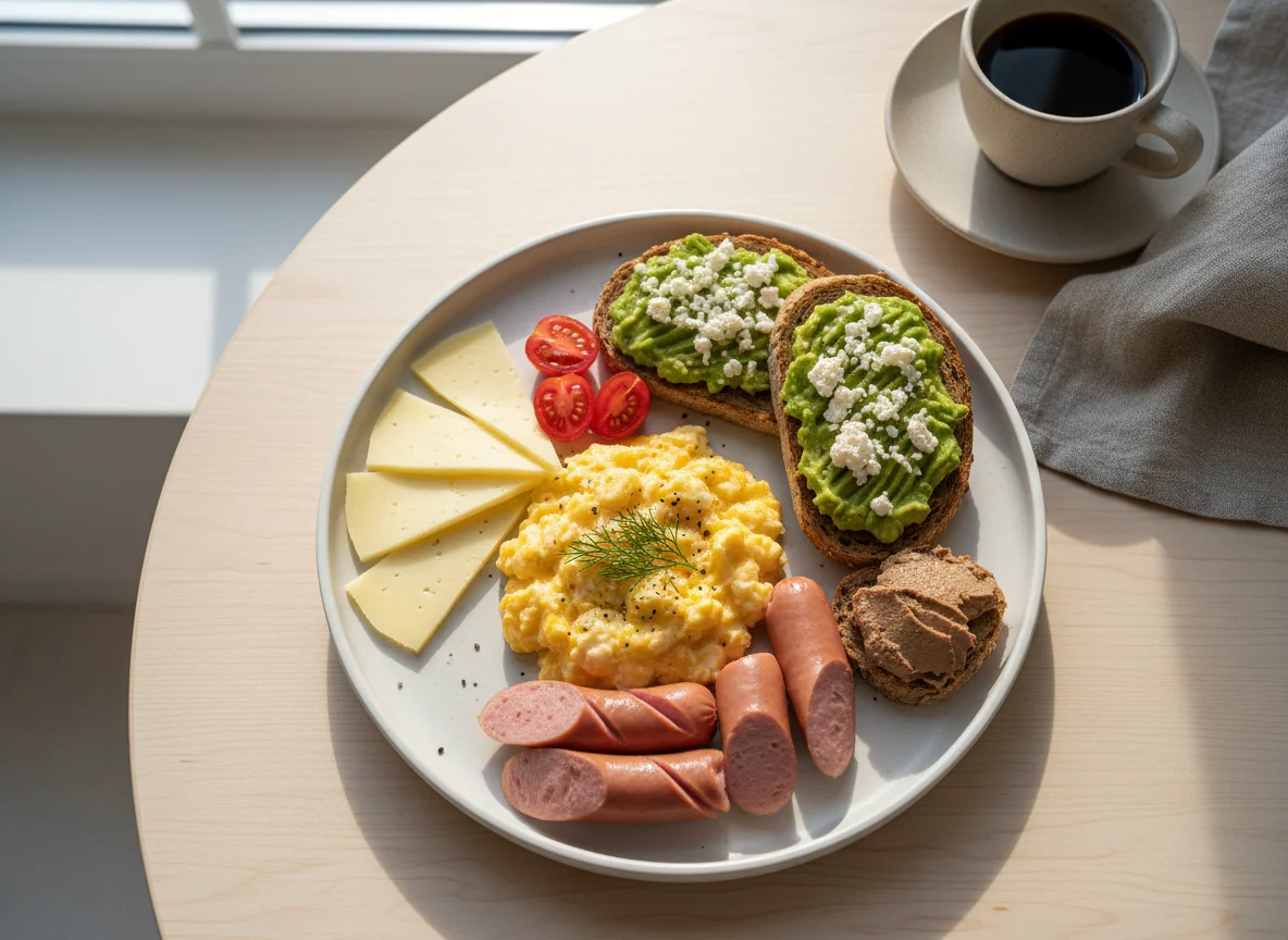 Завтрак с яичницей, тостами с авокадо, сыром и сосисками photo