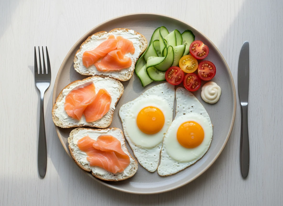 Завтрак с яичницей, тостами с лососем и овощами photo