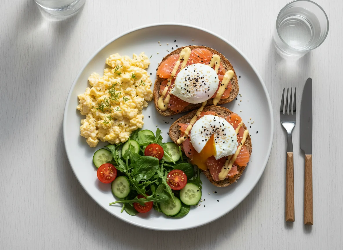 Завтрак с яичницей, тостами с лососем и салатом photo
