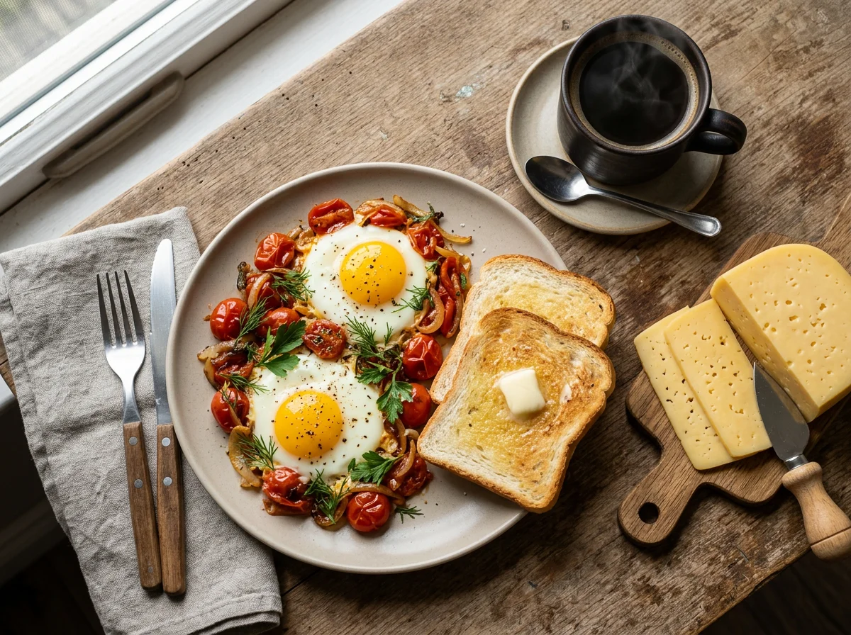 Завтрак с яичницей, тостами, сыром и кофе photo
