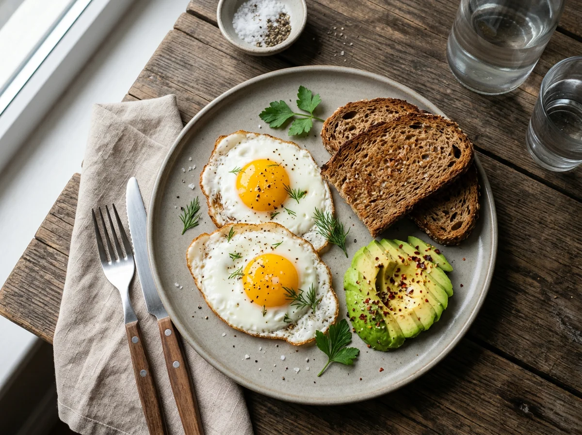 Завтрак с яичницей, тостом и авокадо photo