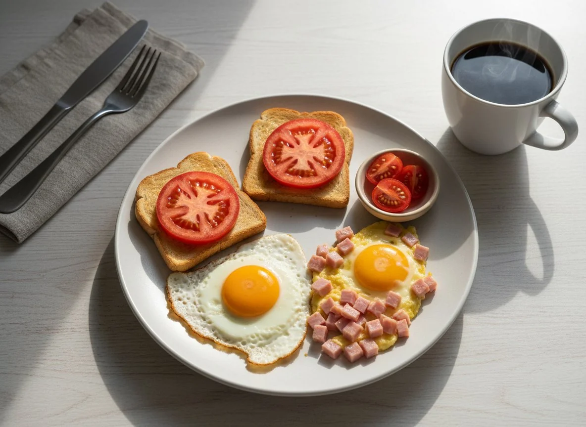 Завтрак с яичницей, тостом и кофе photo