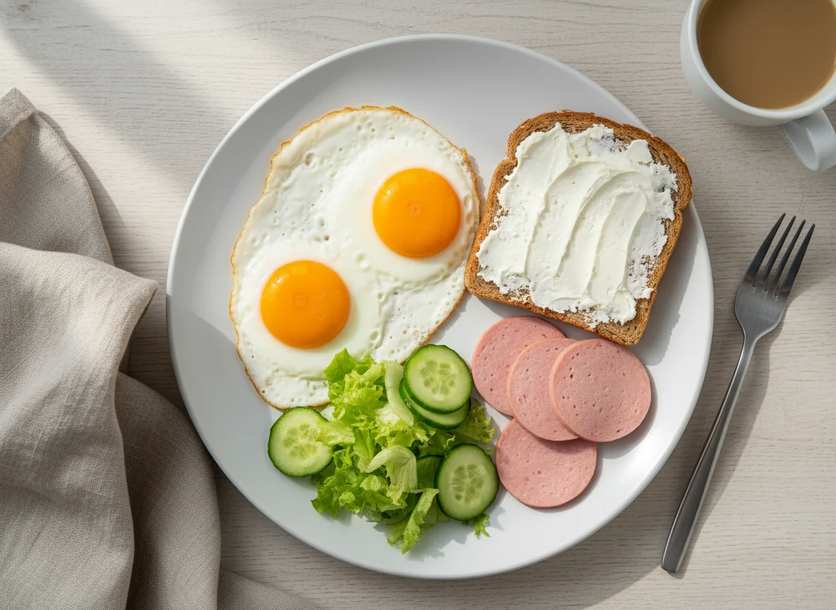 Завтрак с яичницей, тостом и колбасой photo