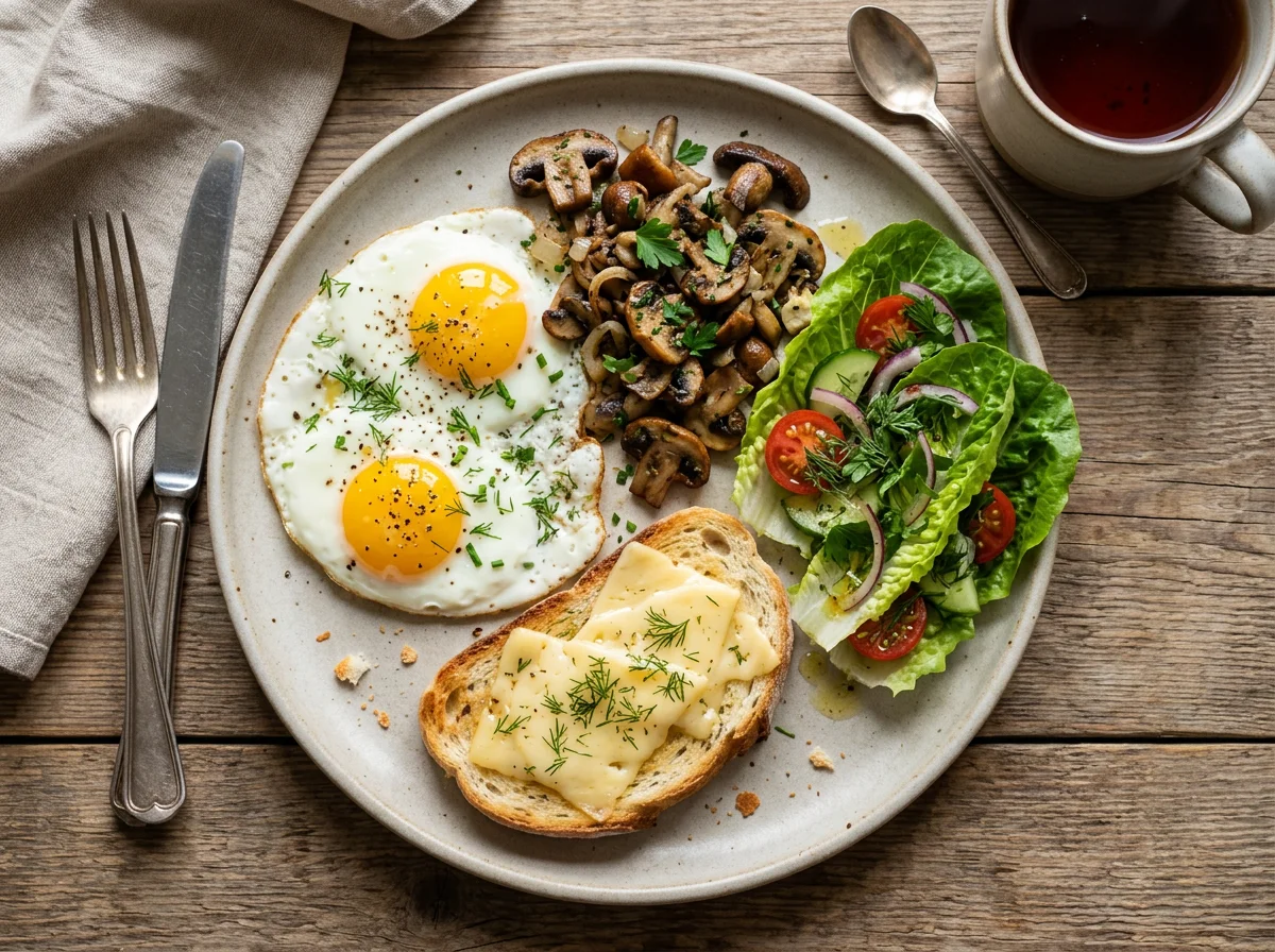 Завтрак с яичницей, тостом и салатом photo