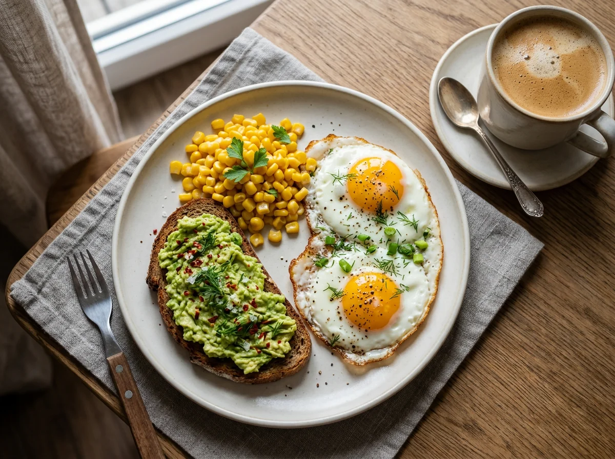 Завтрак с яичницей, тостом с авокадо, кукурузой и кофе с молоком photo