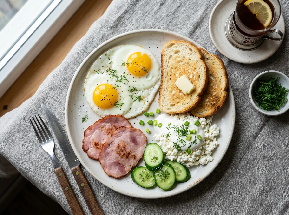 Завтрак с яичницей, тостом, ветчиной, творогом и огурцами photo