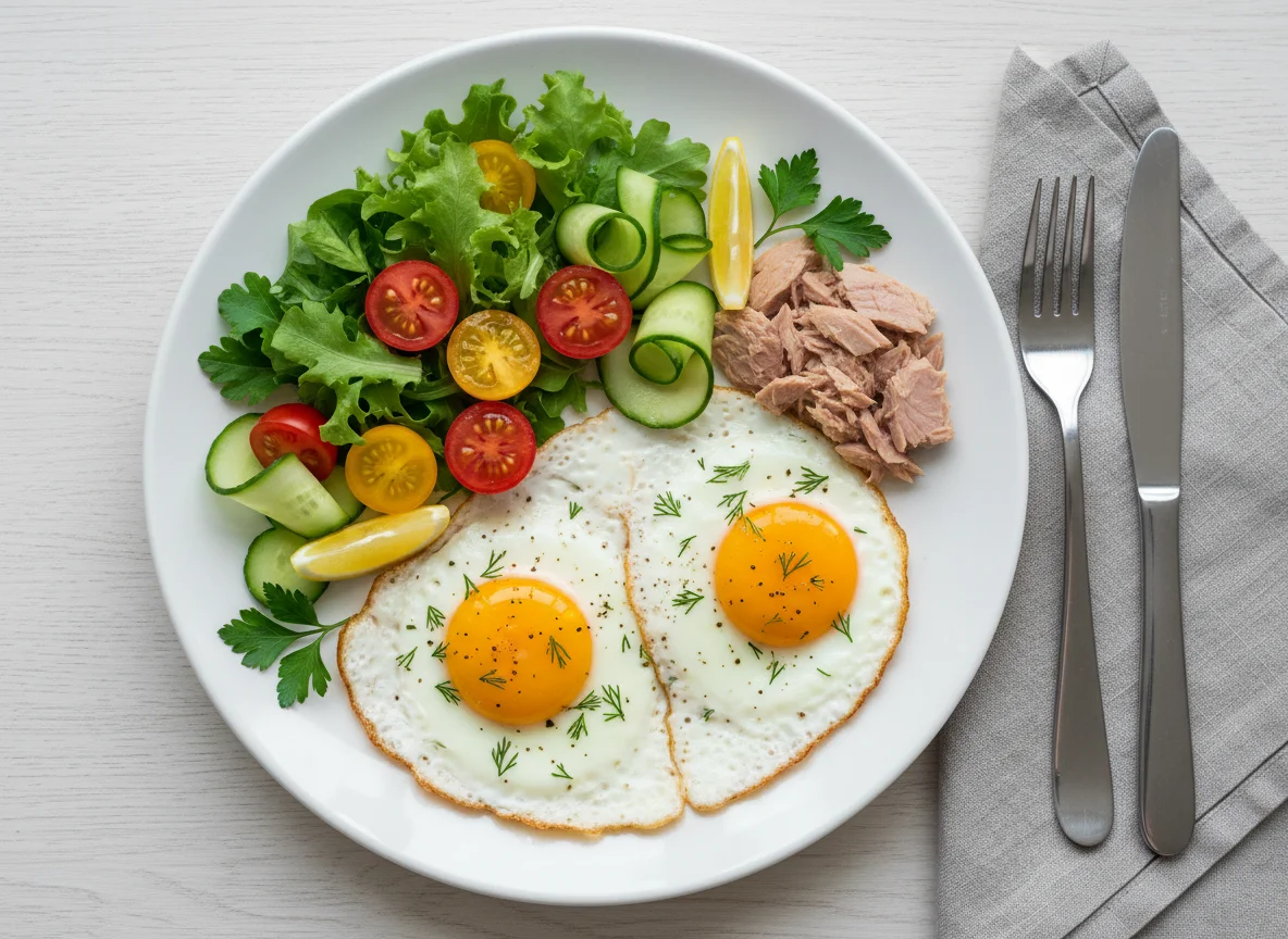 Завтрак с яичницей, тунцом и овощами photo