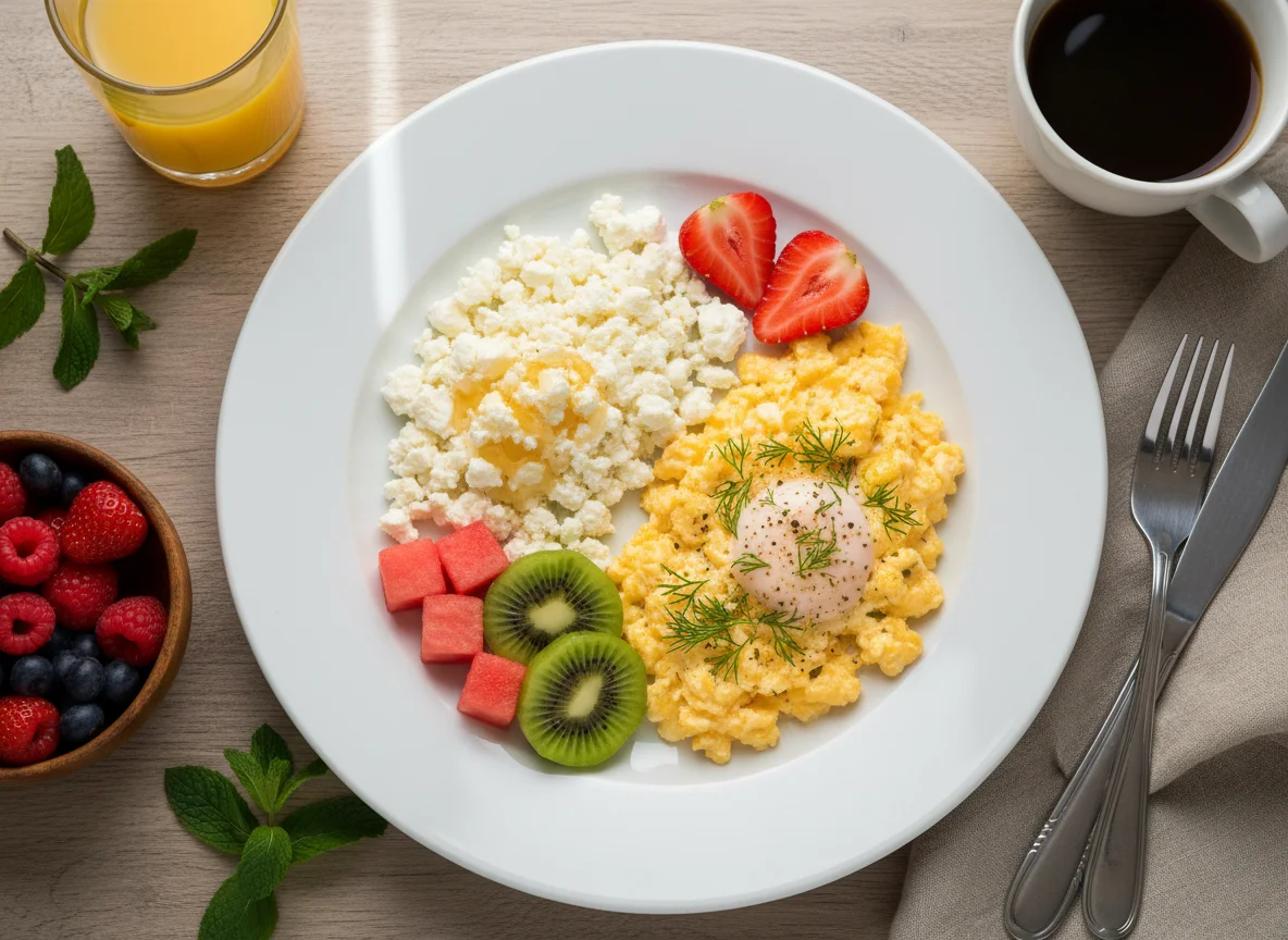 Завтрак с яичницей, творогом и фруктами photo