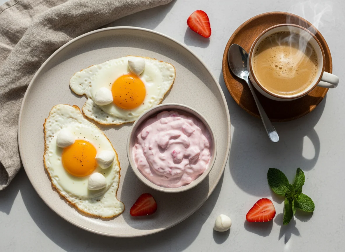 Завтрак с яичницей, творогом и кофе photo