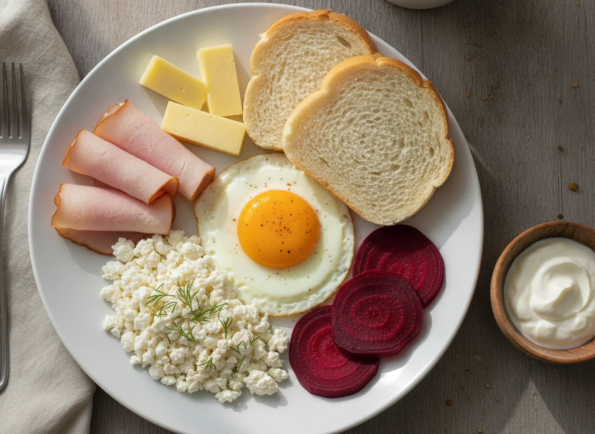 Завтрак с яичницей, творогом и закусками photo