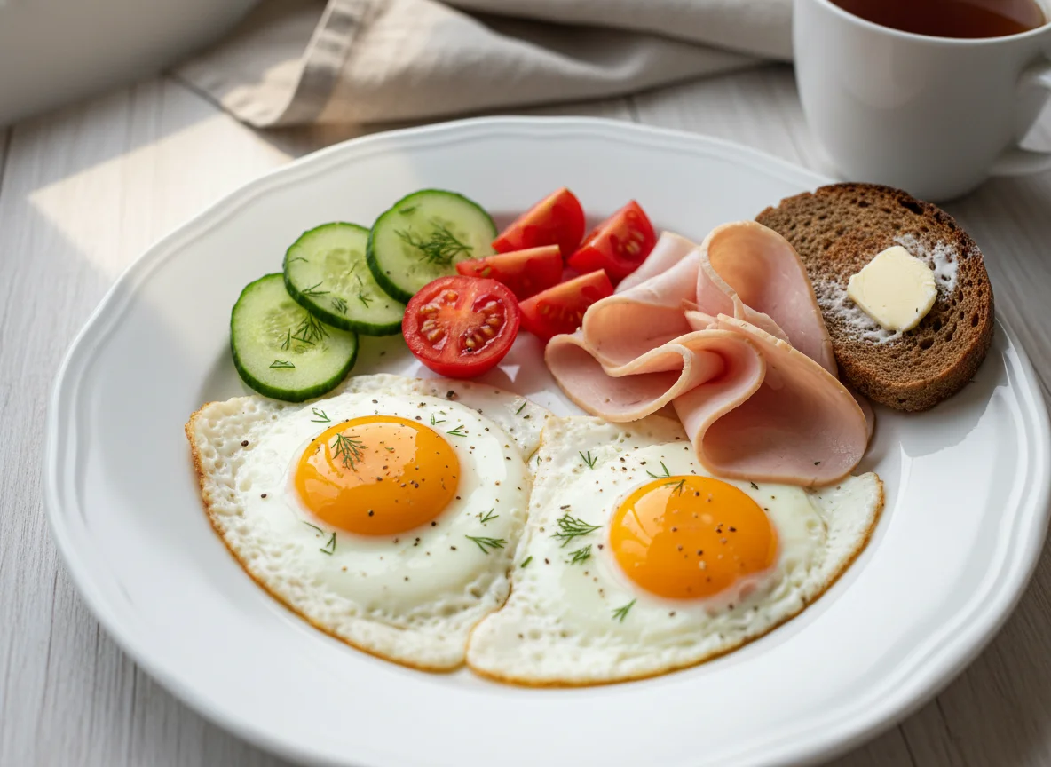 Завтрак с яичницей, ветчиной и овощами photo