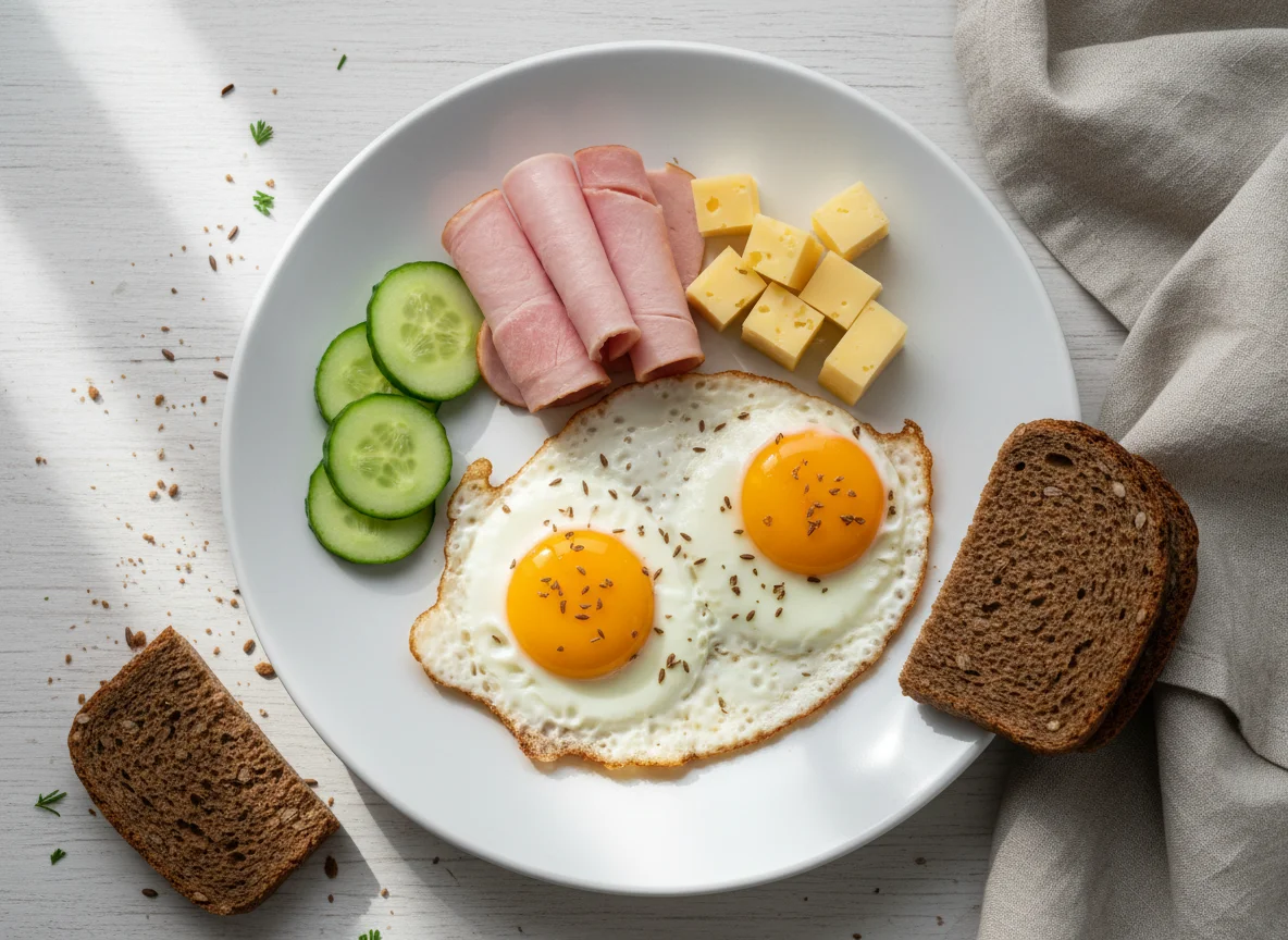 Завтрак с яичницей, ветчиной и сыром photo