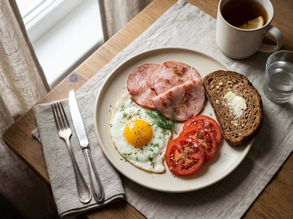 Завтрак с яичницей, ветчиной из индейки и хлебом photo
