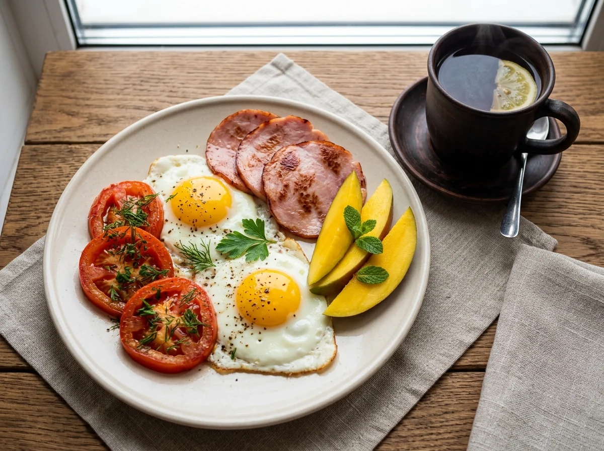 Завтрак с яичницей, ветчиной, манго и чаем photo