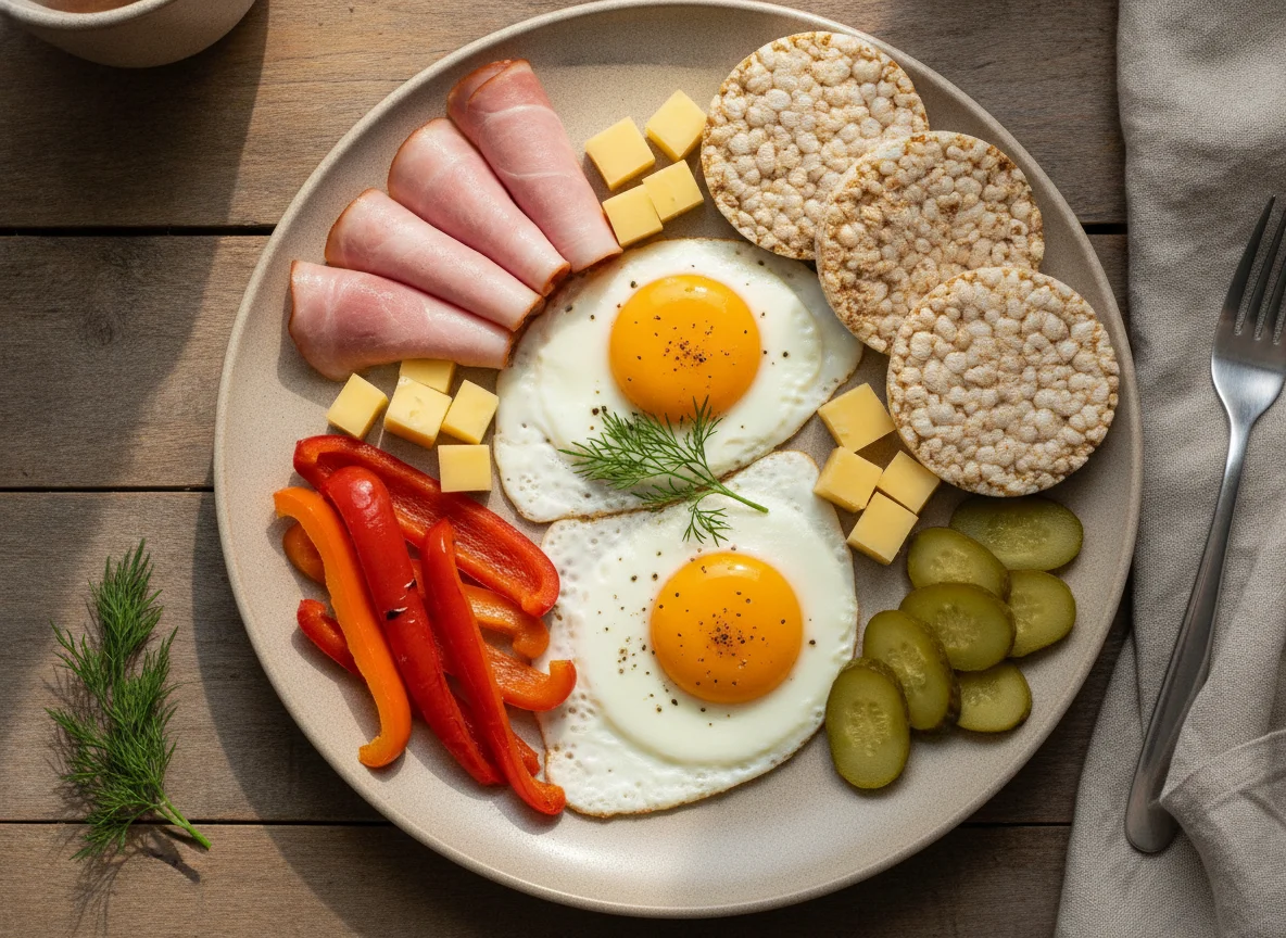 Завтрак с яичницей, ветчиной, сыром и овощами photo