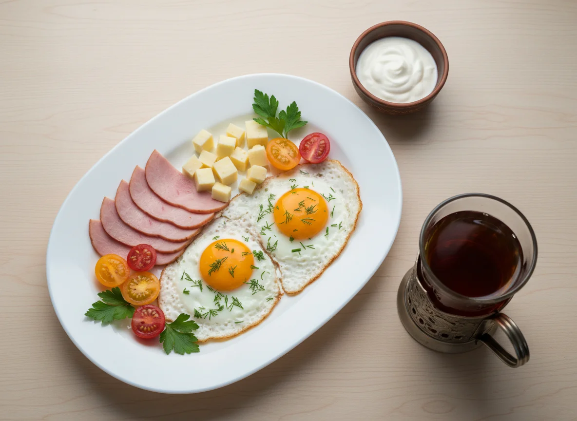 Завтрак с яичницей, ветчиной, сыром и помидорами photo
