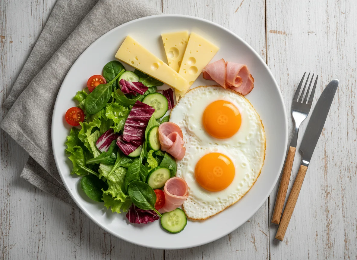 Завтрак с яичницей, ветчиной, сыром и салатом photo