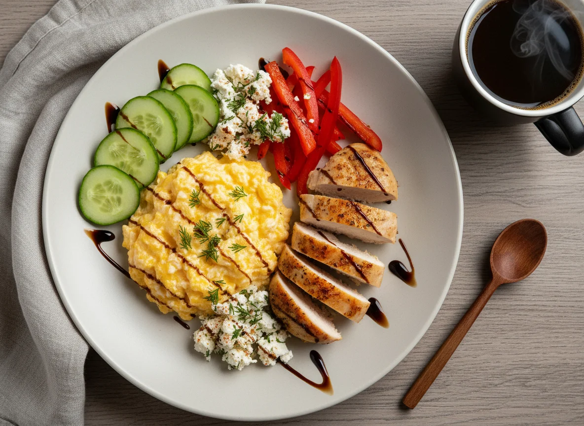 Завтрак с яичницей-болтуньей, курицей и овощами photo