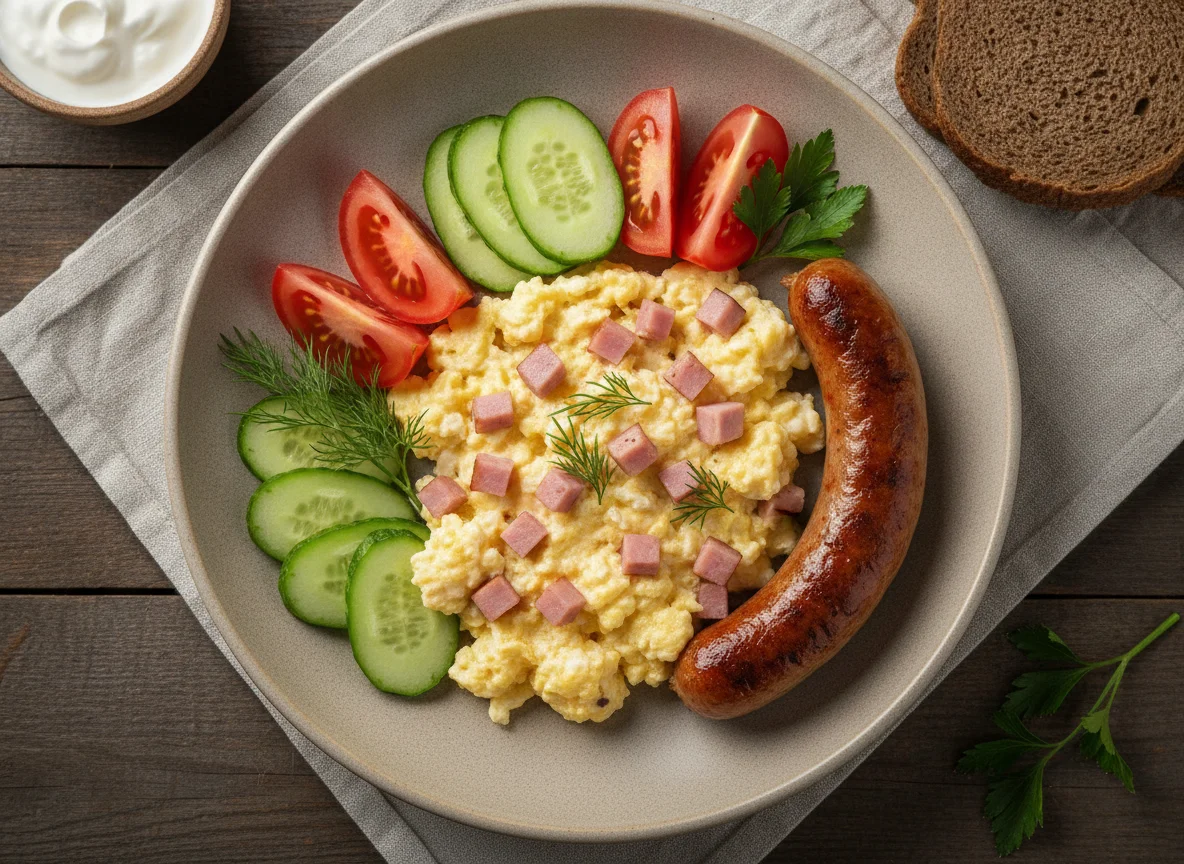 Завтрак с яичницей-болтуньей, сосиской и овощами photo