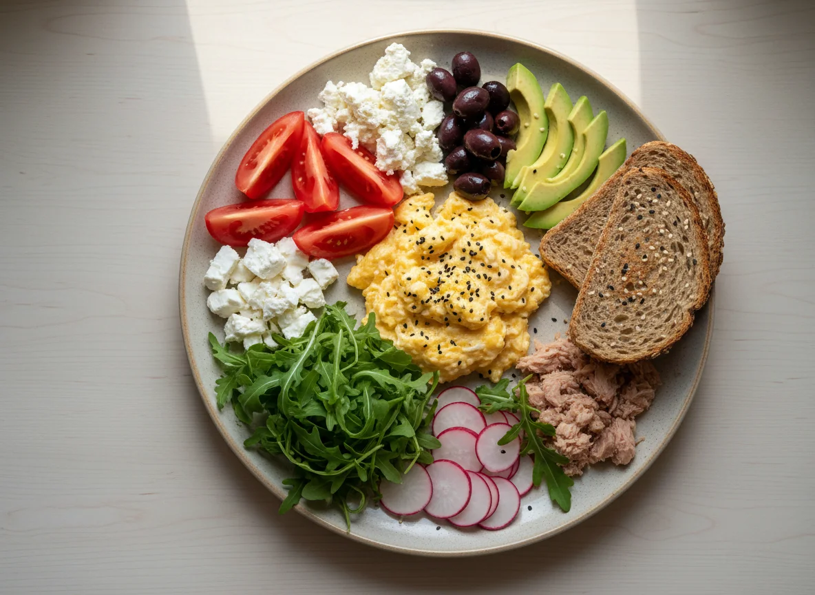 Завтрак с яичницей-скрэмбл и различными закусками photo