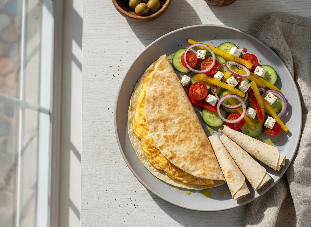 Завтрак с яичной тортильей, салатом и лавашом photo