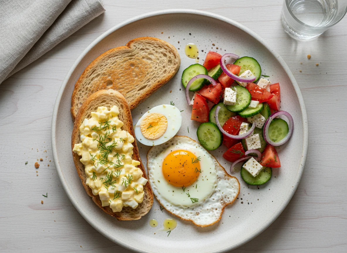 Завтрак с яичным салатом, яичницей и овощным салатом photo