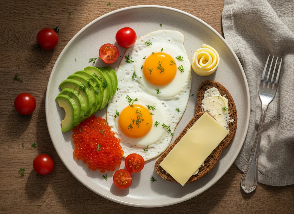 Завтрак с яйцами, авокадо и красной икрой photo