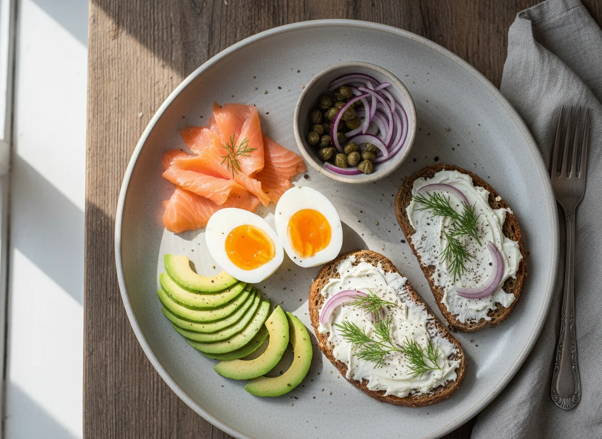Завтрак с яйцами, авокадо и лососем photo