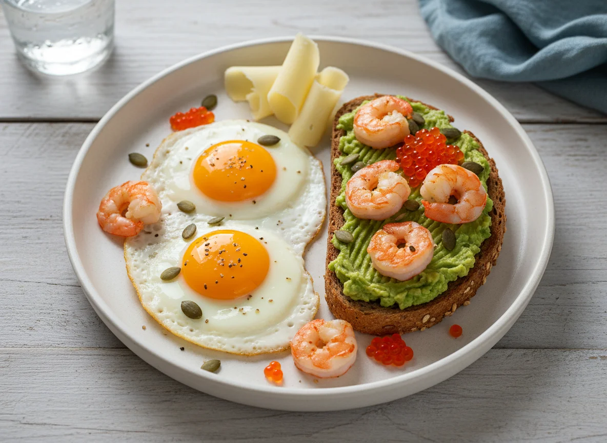 Завтрак с яйцами, авокадо и морепродуктами photo