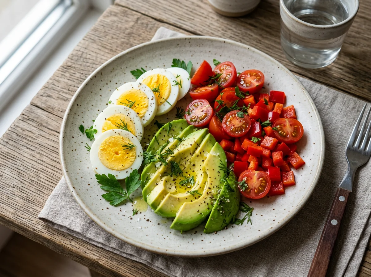 Завтрак с яйцами, авокадо и овощами photo