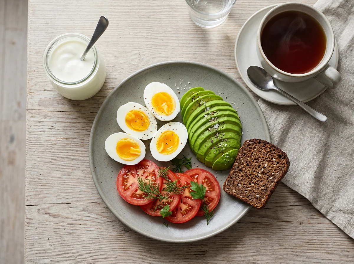 Завтрак с яйцами, авокадо и помидорами photo