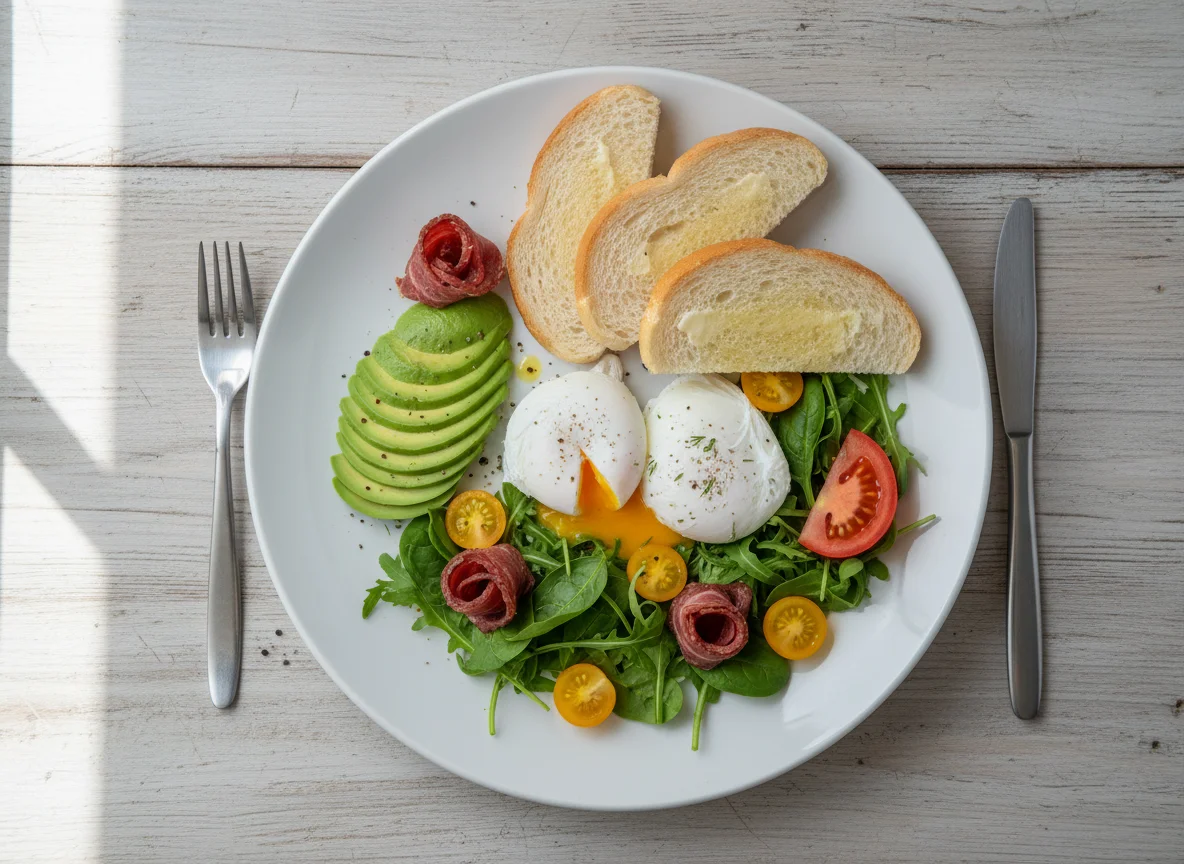 Завтрак с яйцами, авокадо и тостами photo