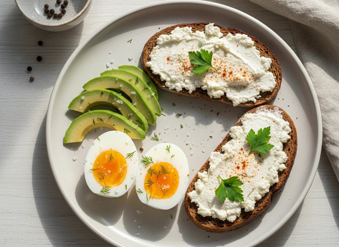 Завтрак с яйцами, авокадо и тостом с сыром photo