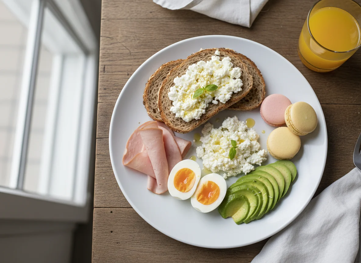 Завтрак с яйцами, авокадо, мортаделлой и творогом photo