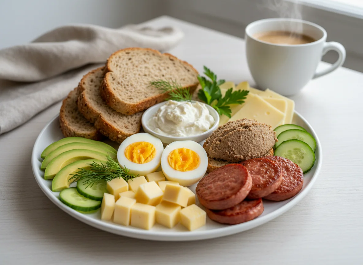 Завтрак с яйцами, авокадо, паштетом, колбасой, сыром и огурцами photo